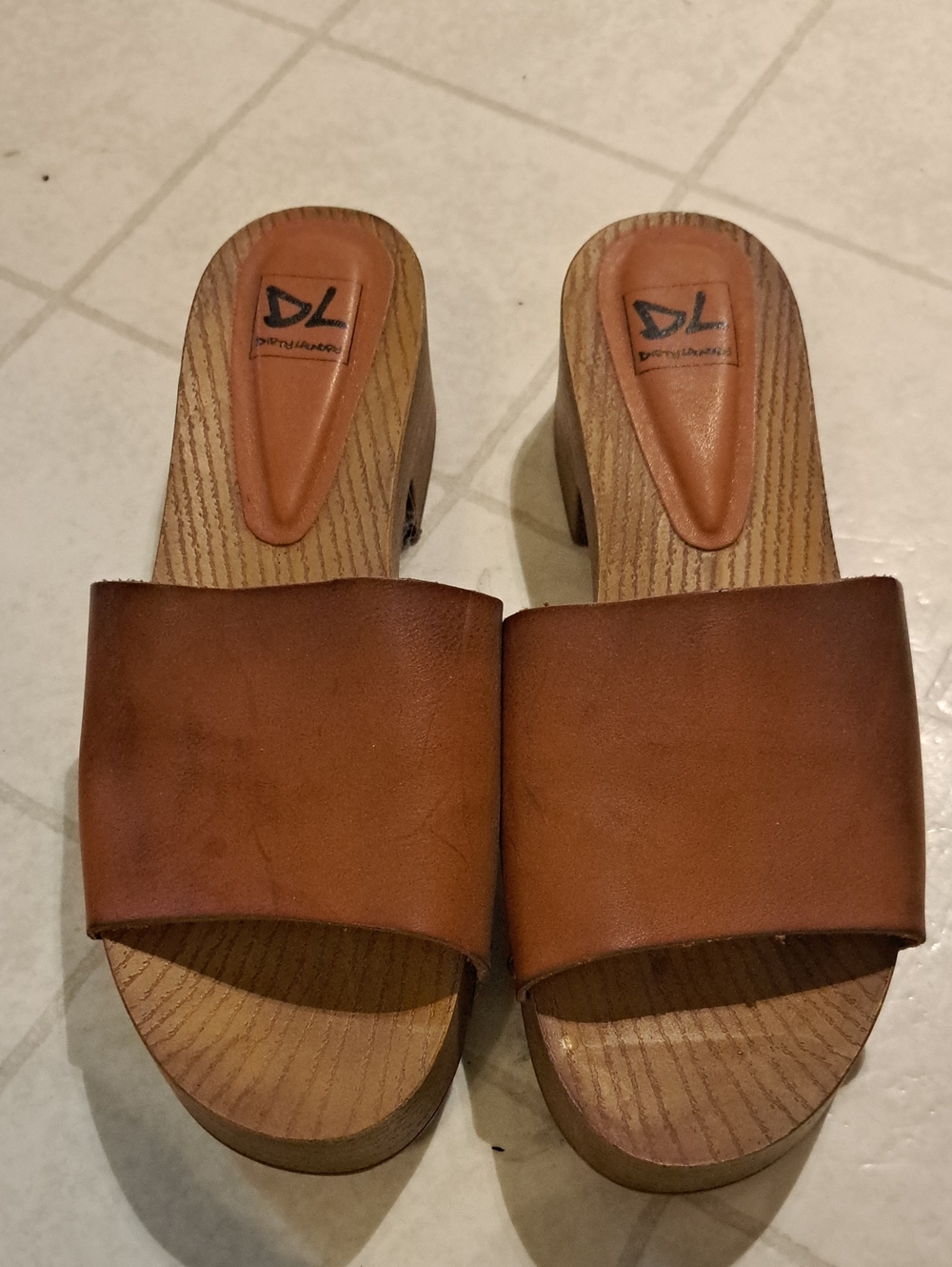 Dirty Laundry Tan Brown Leather Slide Clogs with Wood-Effect Platform